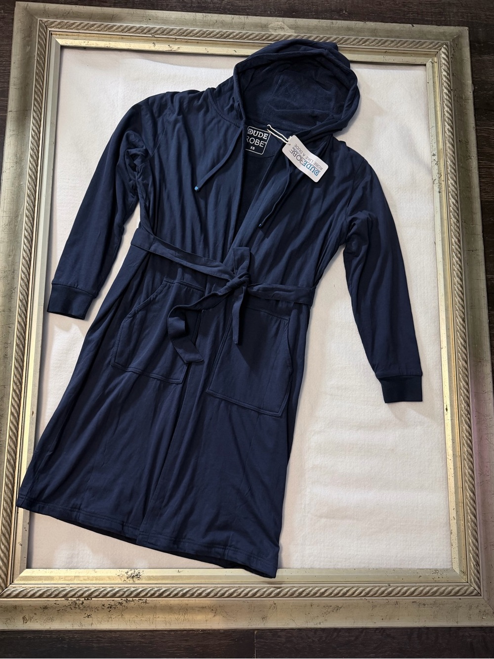 Men's Navy Hooded Robe Coat with Tie Belt by